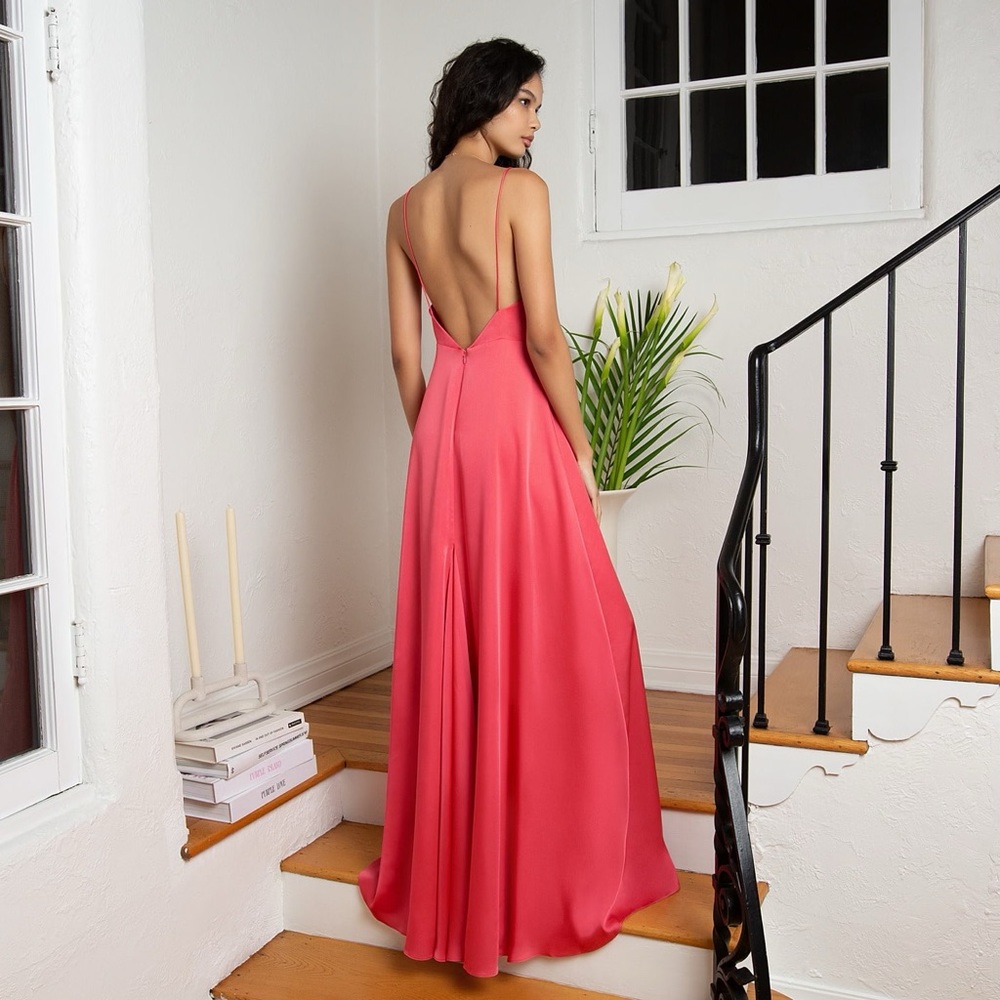 Fame and Partners Strappy Draped Gown in matte satin coral
